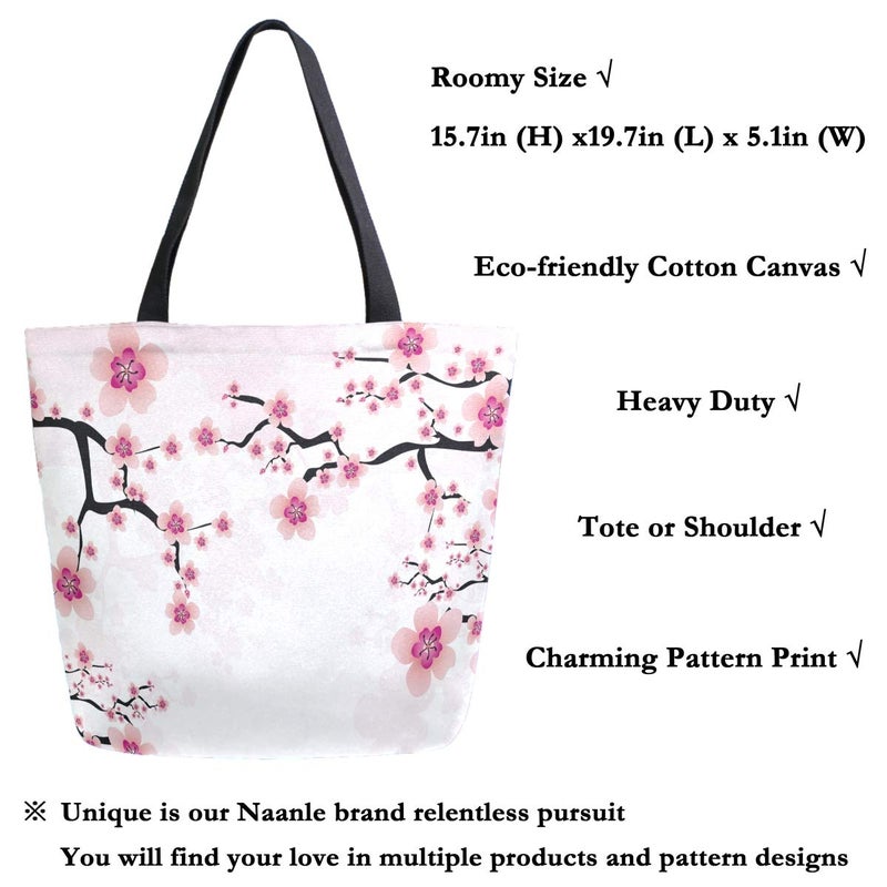 Naanle Floral Flower Canvas Tote Bag - Large Women's Casual Shoulder Handbag, Japanese Cherry Blossom Reusable Multipurpose Heavy Duty Shopping Grocery Cotton Bag for Outdoors - Image 2